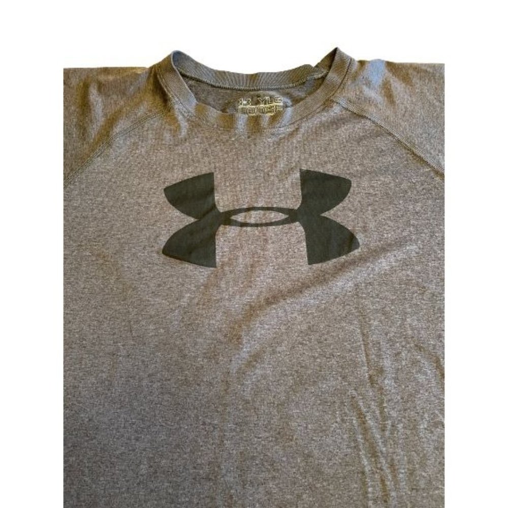 Under Armour HeatGear Gray T Shirt Youth Boys Large Loose Crew Black Logo - Picture 2 of 6